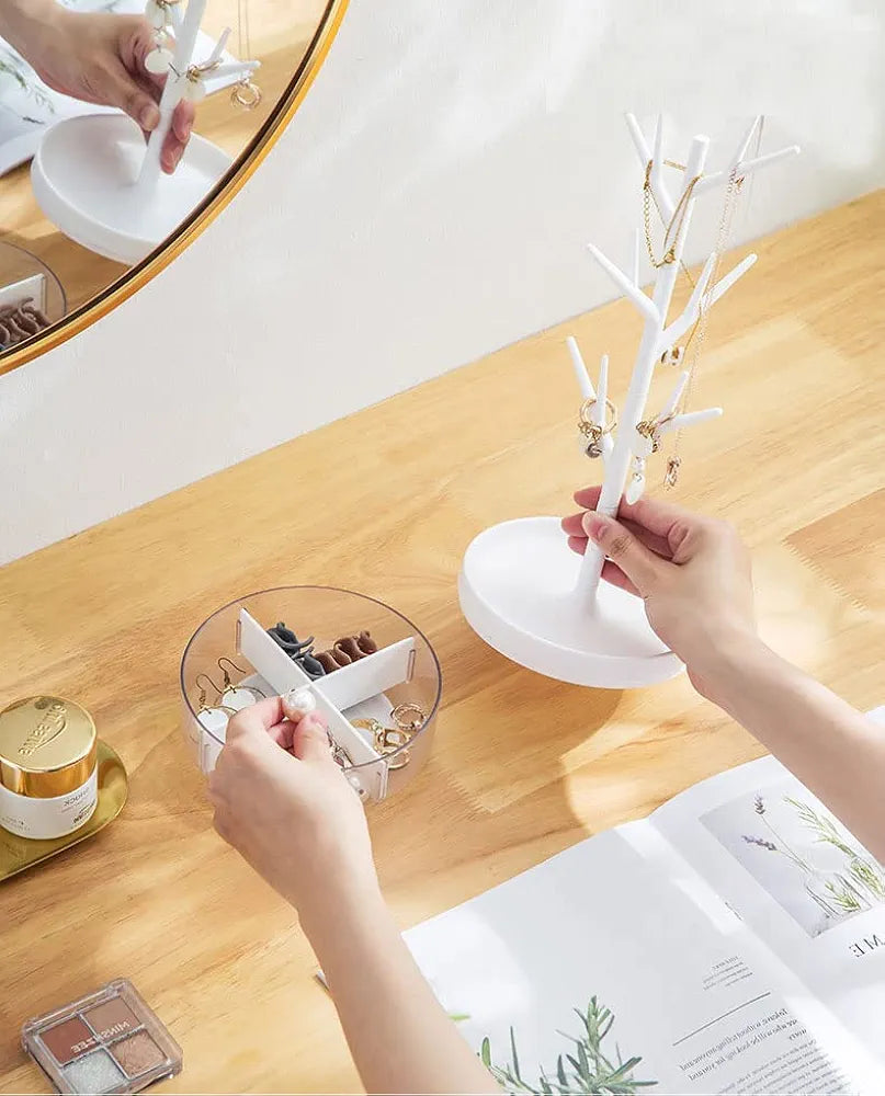 Rotating Branch Tree Jewelry Stand With Storage Tray