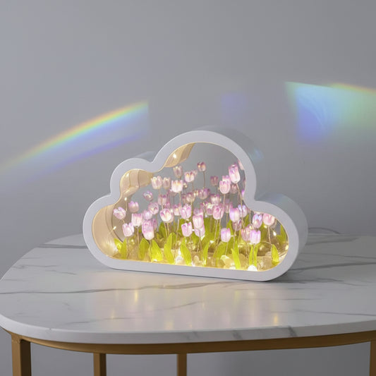 Cloud-Shaped Tulip Mirror, 20 Flowers Night Light Table Lamp