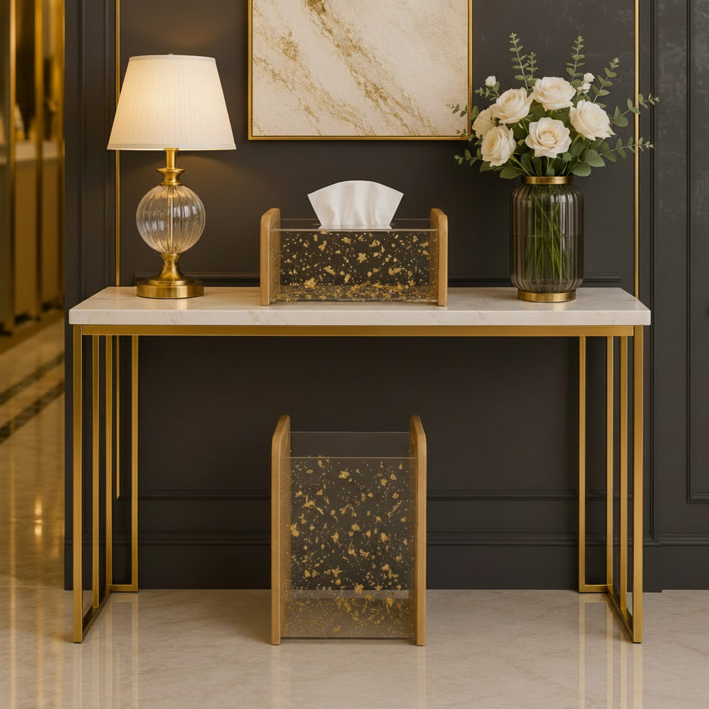 Bamboo & Gold Flake Acrylic Tissue Box With Trash Bin Set