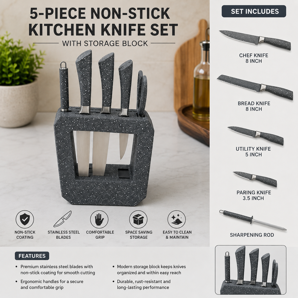 5-Pieces Non-Stick Kitchen Knife Set With Storage Block