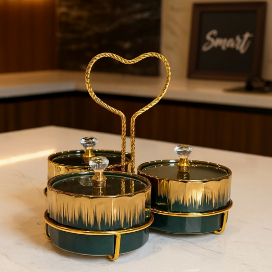 Royal And Luxurious Elegant Black & Gold Ceramic Jar Set – Crystal Lid with Heart Handle