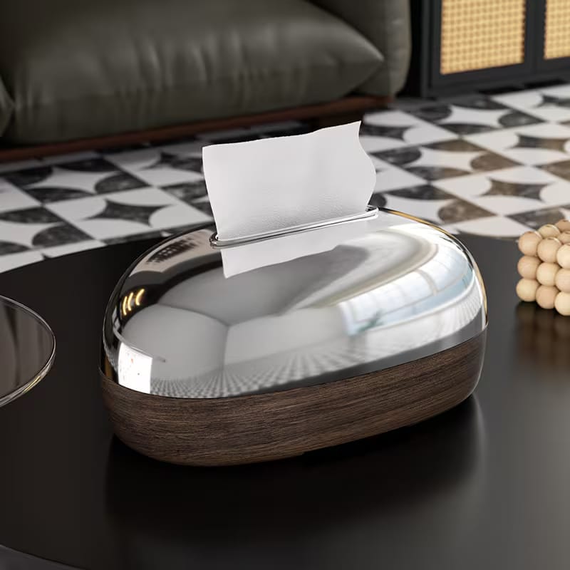 Premium Oval Chrome Style Finishing Tissue Box With Wooden Base