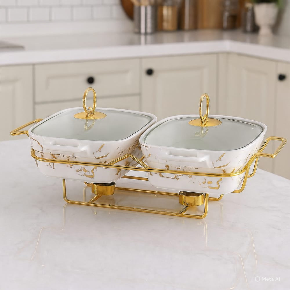 Twin Ceramic Chafing Dish Buffett Set With Gold-tone Frame And Marble finish