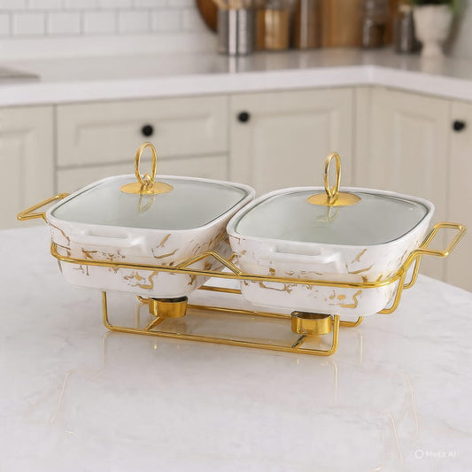 Twin Ceramic Chafing Dish Buffett Set With Gold-tone Frame And Marble finish
