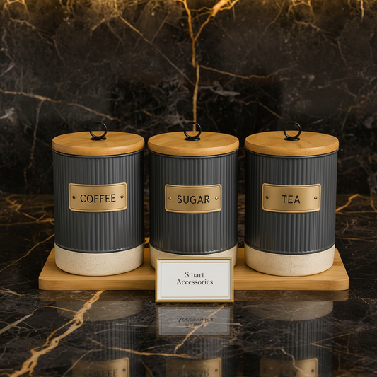 3-Piece Conister Set With Matching Wooden Tray Organizer