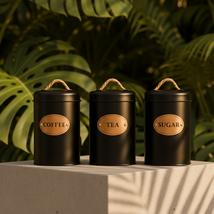 3-Piece Black Metal Kitchen Counter Top Jar Set