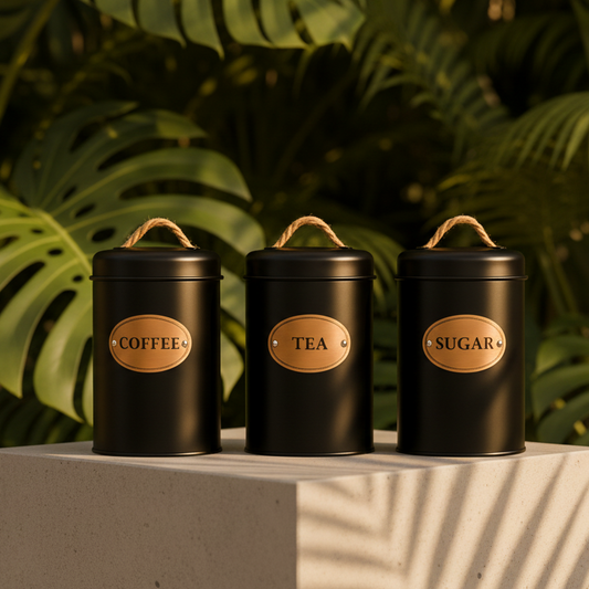 3-Piece Black Metal Kitchen Counter Top Jar Set