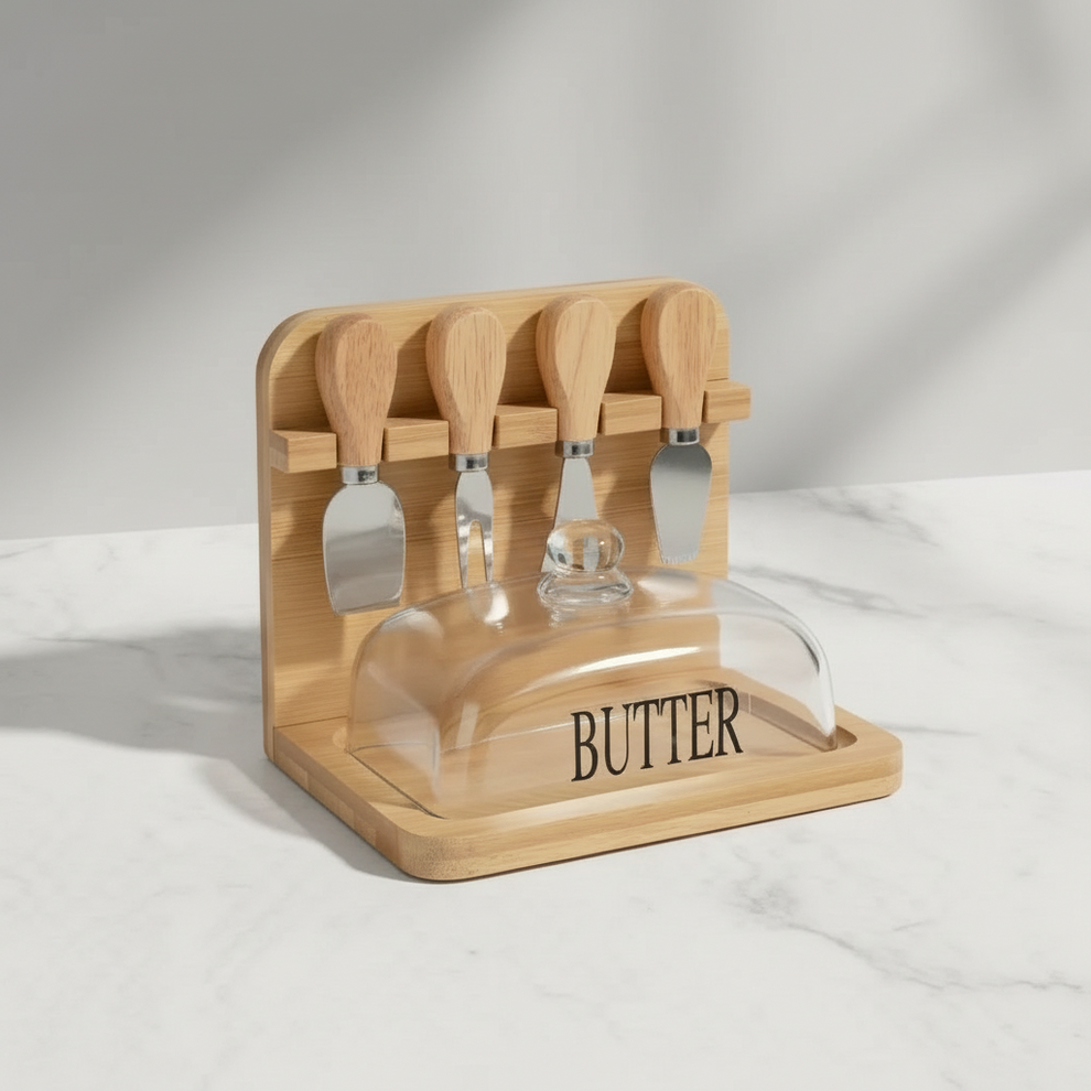 Wooden Butter & Dessert Box Set with Glass Lid & Utensils