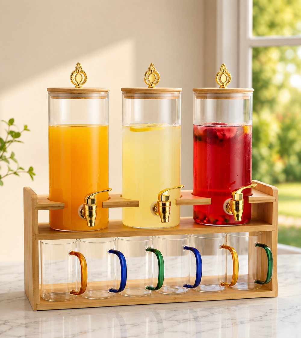 Triple Glass Beverage Dispenser   With Bamboo Stand & 6Pcs Glasses Set