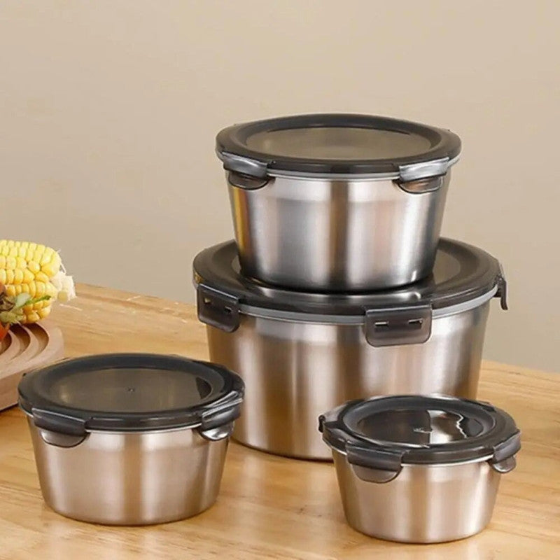 4Pcs Stainless Steel Storage Food Containers Round Box Set With Look