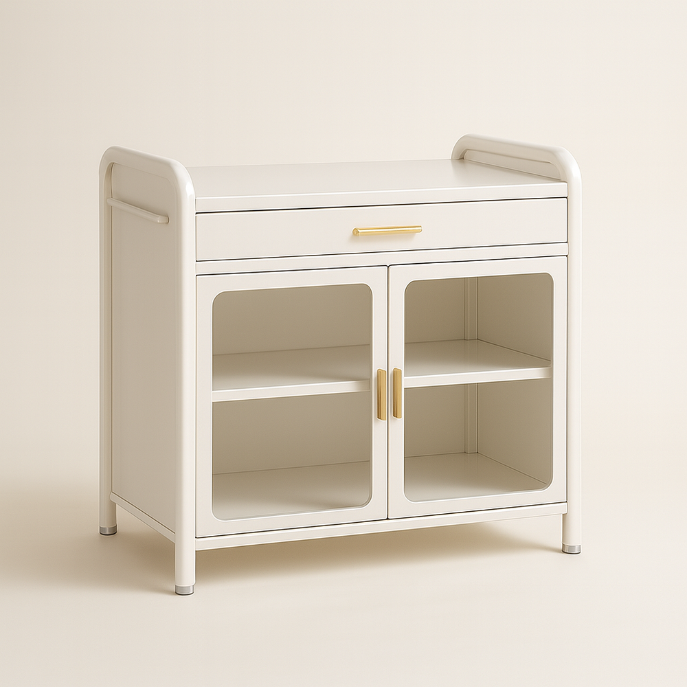 Binca Luxe Counter Cabinet Sleek Off-White Finish With Brushed Gold Handles