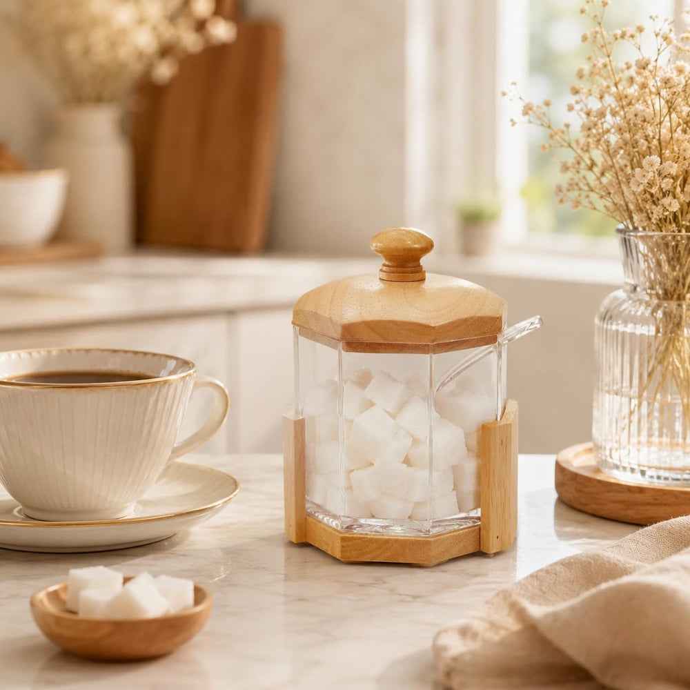 Acrylic Hexagon Jar with Wooden Base Sugar Pot With Lid & Spoon