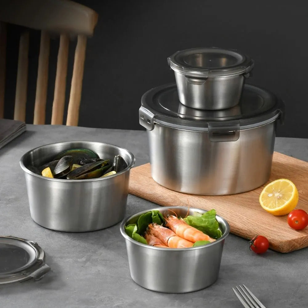 4Pcs Stainless Steel Storage Food Containers Round Box Set With Look
