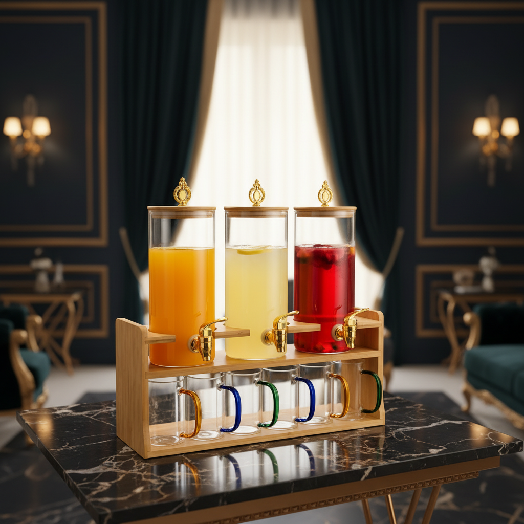 Triple Glass Beverage Dispenser   With Bamboo Stand & 6Pcs Glasses Set