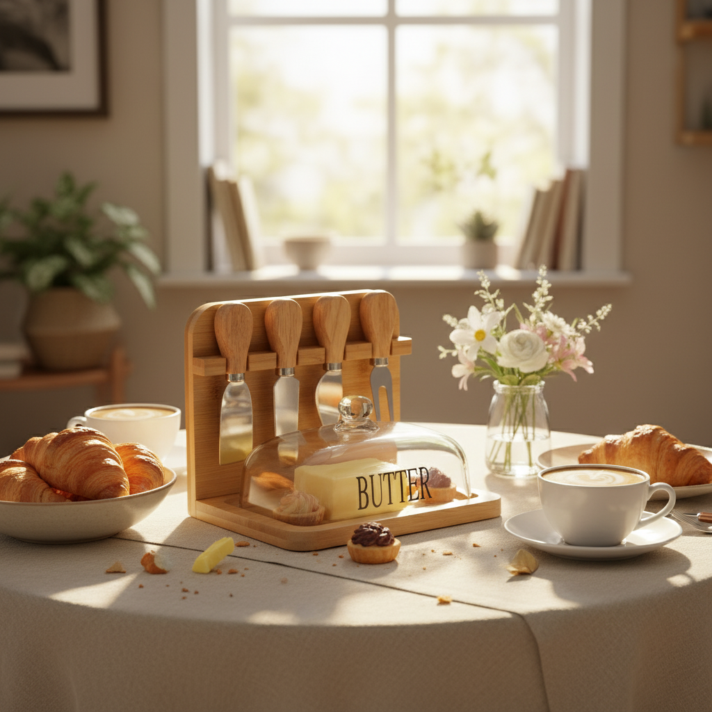 Wooden Butter & Dessert Box Set with Glass Lid & Utensils