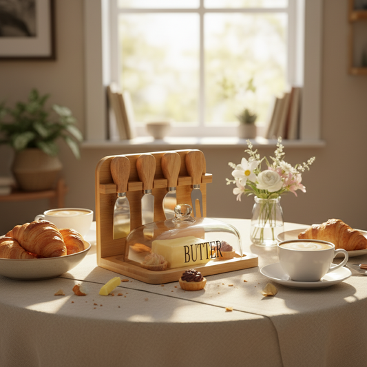 Wooden Butter & Dessert Box Set with Glass Lid & Utensils