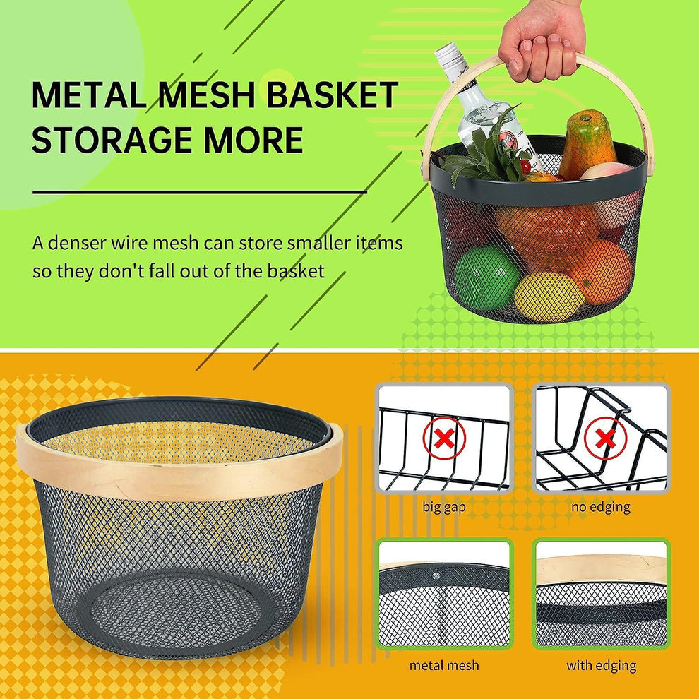 Round Metal Mesh Storage Basket With Wooden Handle