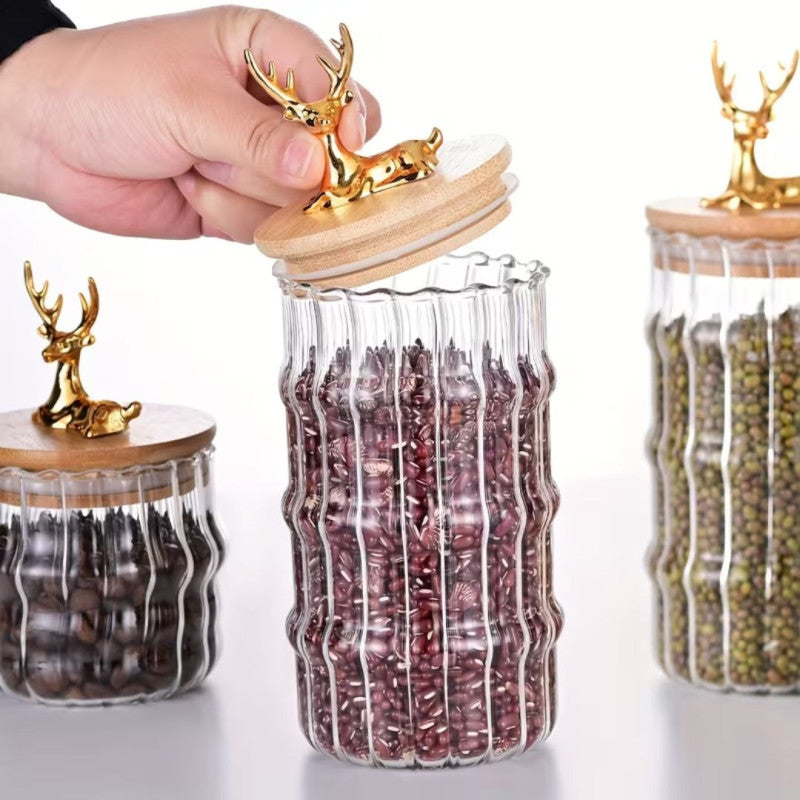 3 Pieces Luxury Ribbed Glass Storage Jar Set With Airtight Bamboo Lids