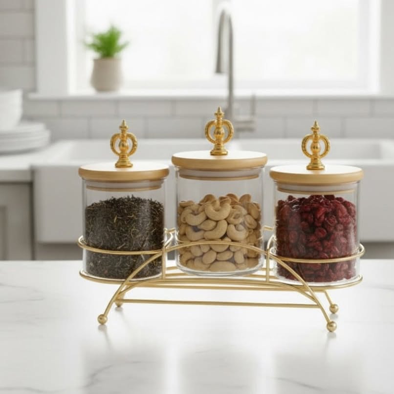 Majestic 3-Piece Glass Jar Set with Golden Metal Stand