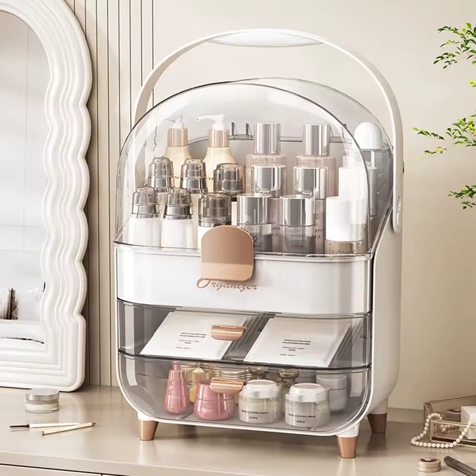 Premium Layered waterproof Cosmetics Organizer Box With  Dustproof Dome And Drawers