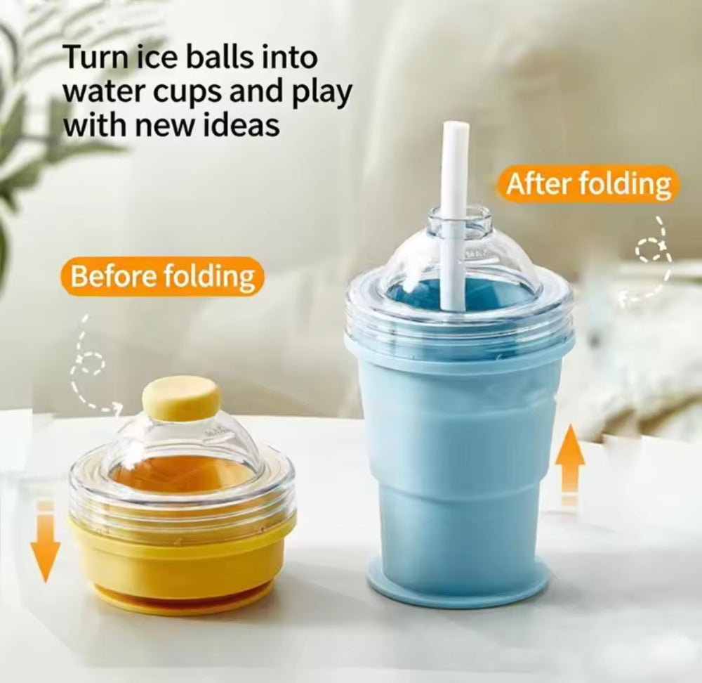 2 In 1 Collapsible Silicone Ice Ball Cup, Reusable Portable Ice Sphere Mold with Straw Lid
