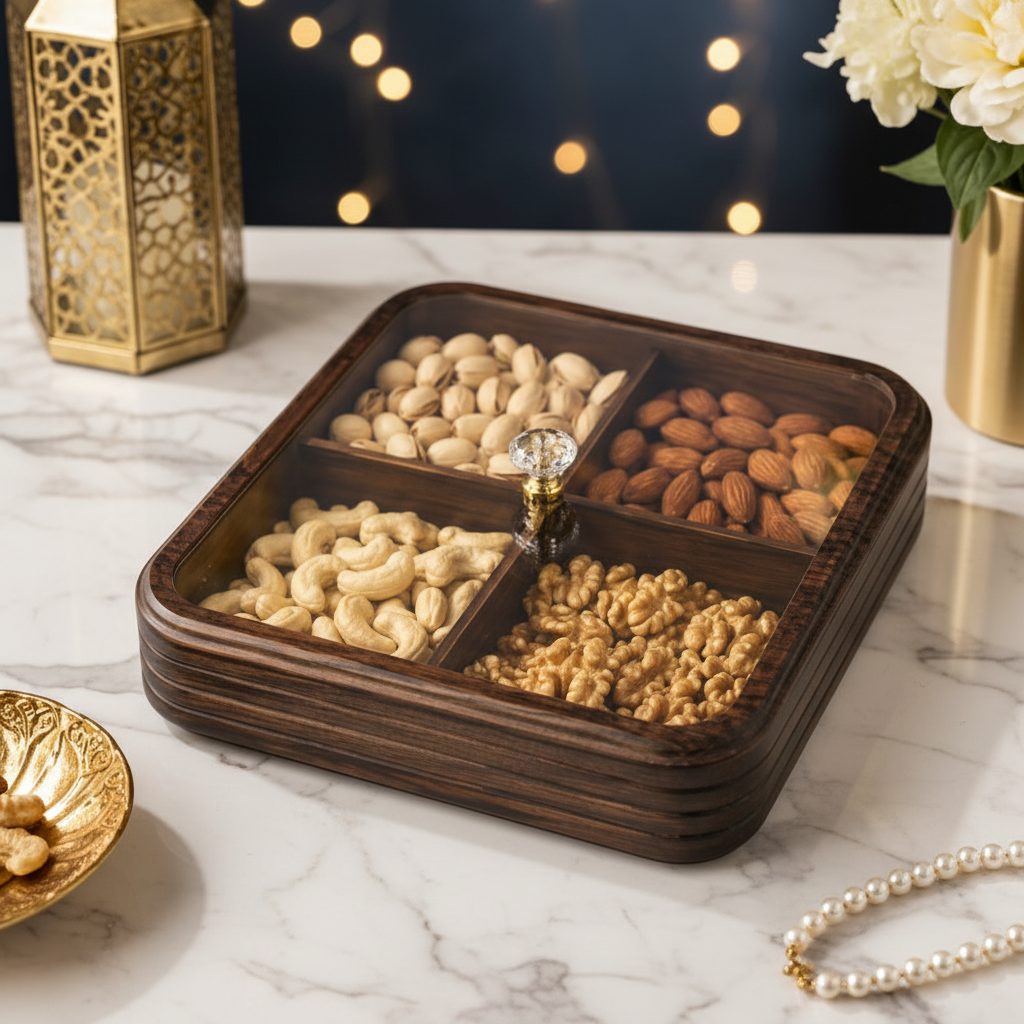 Luxury Wooden 4-Grid Dry Fruits & Snacks Serving Box