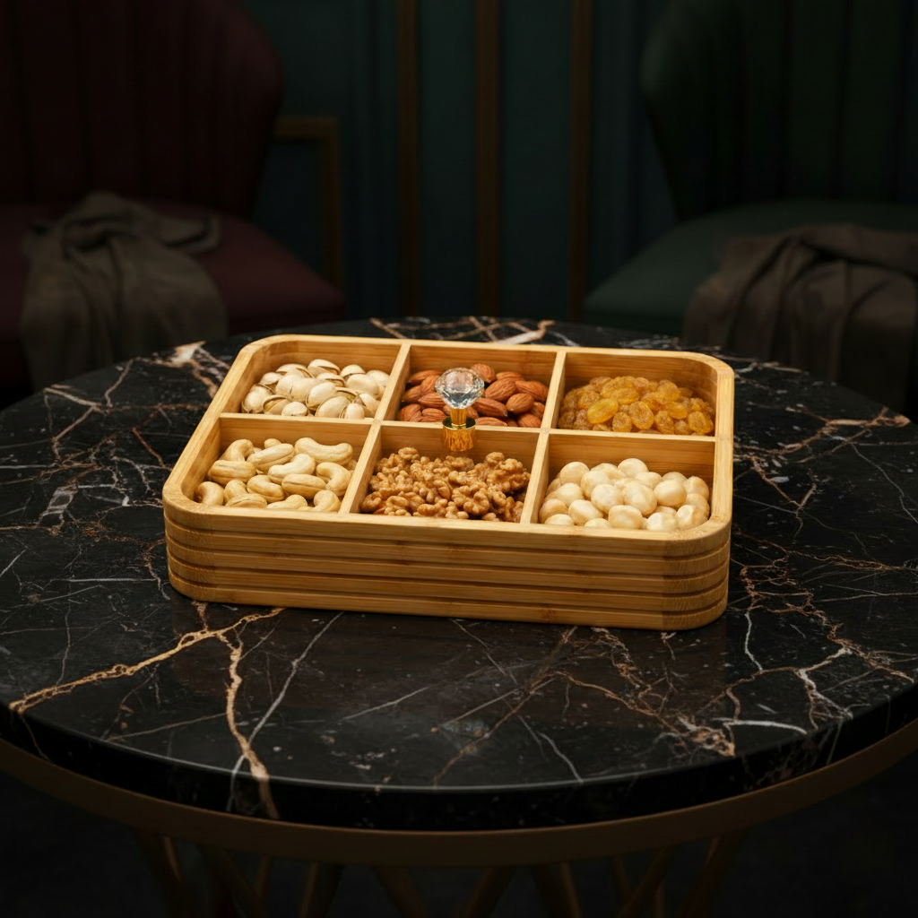 Luxury Wooden 6-Grid Dry Fruits & Snacks Serving Box