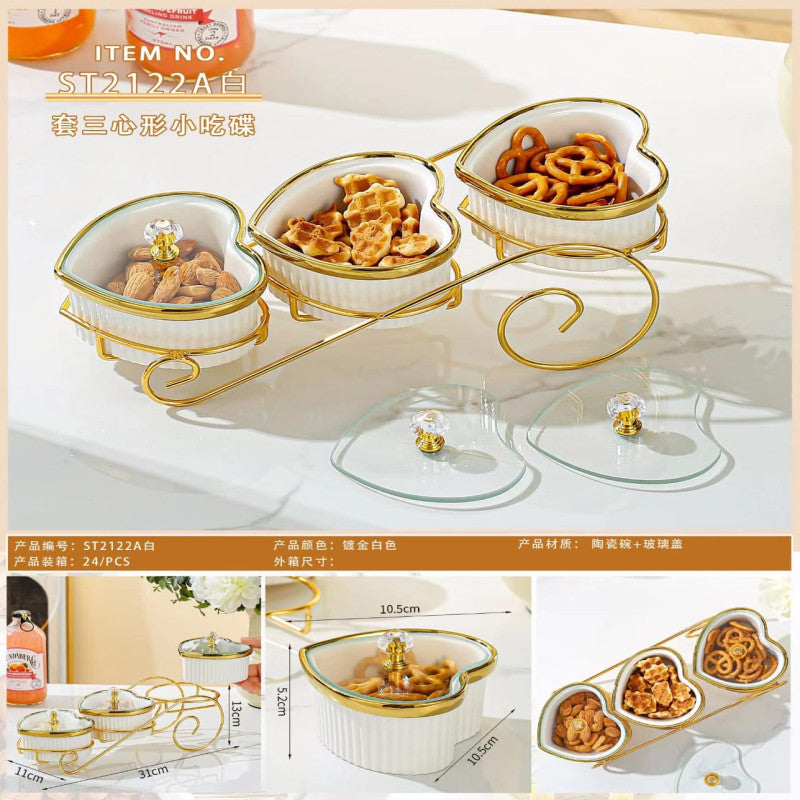 Premium Luxury 3 Ceramic Hert Shaped Serving Tray With Lids