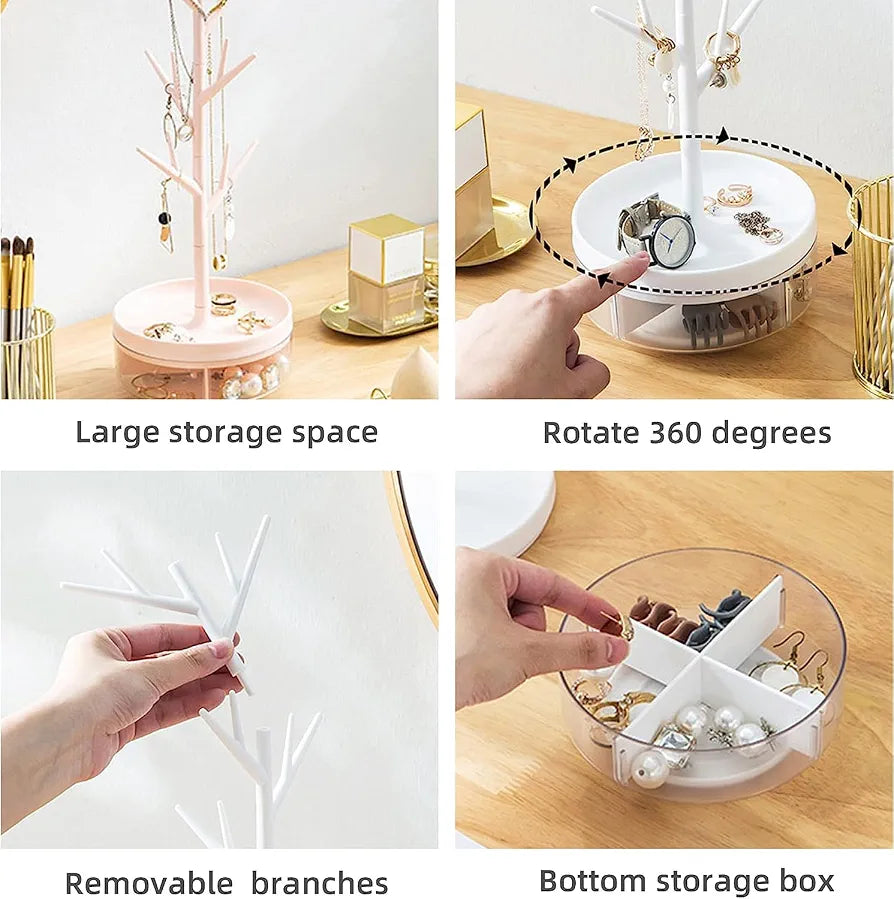 Rotating Branch Tree Jewelry Stand With Storage Tray