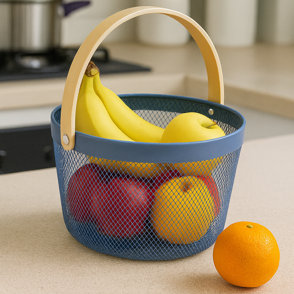Round Metal Mesh Storage Basket With Wooden Handle
