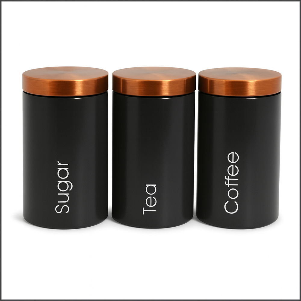 3-Piece Kovot Matte Black Metal Kitchen Storage Canisters With Copper-Colored Lids
