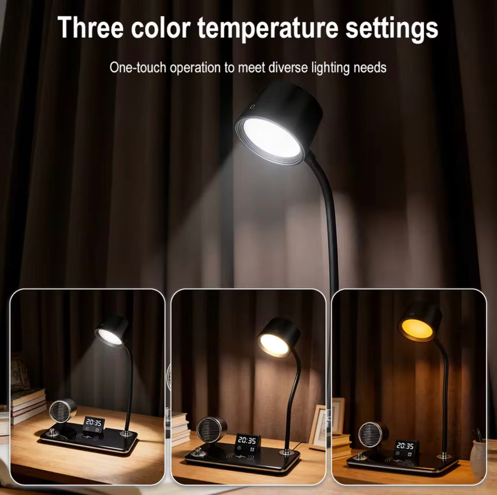 4-In-1 Adjustable Smart LED Table Lamp With Wireless Charging Pod, Bluetooth Speaker & Clock