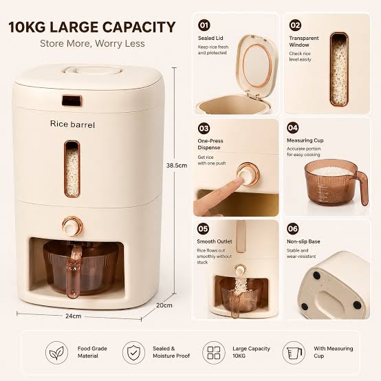 10Kg Large Capacity Rice Storage Dispenser With Measuring Cup