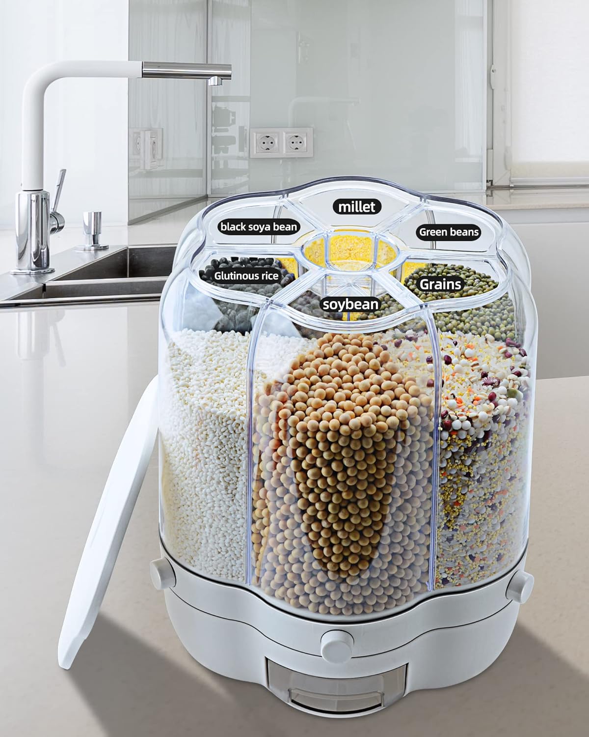 Grain Dispenser Rotating, Dry Food Dispenser with 6-Grids large size