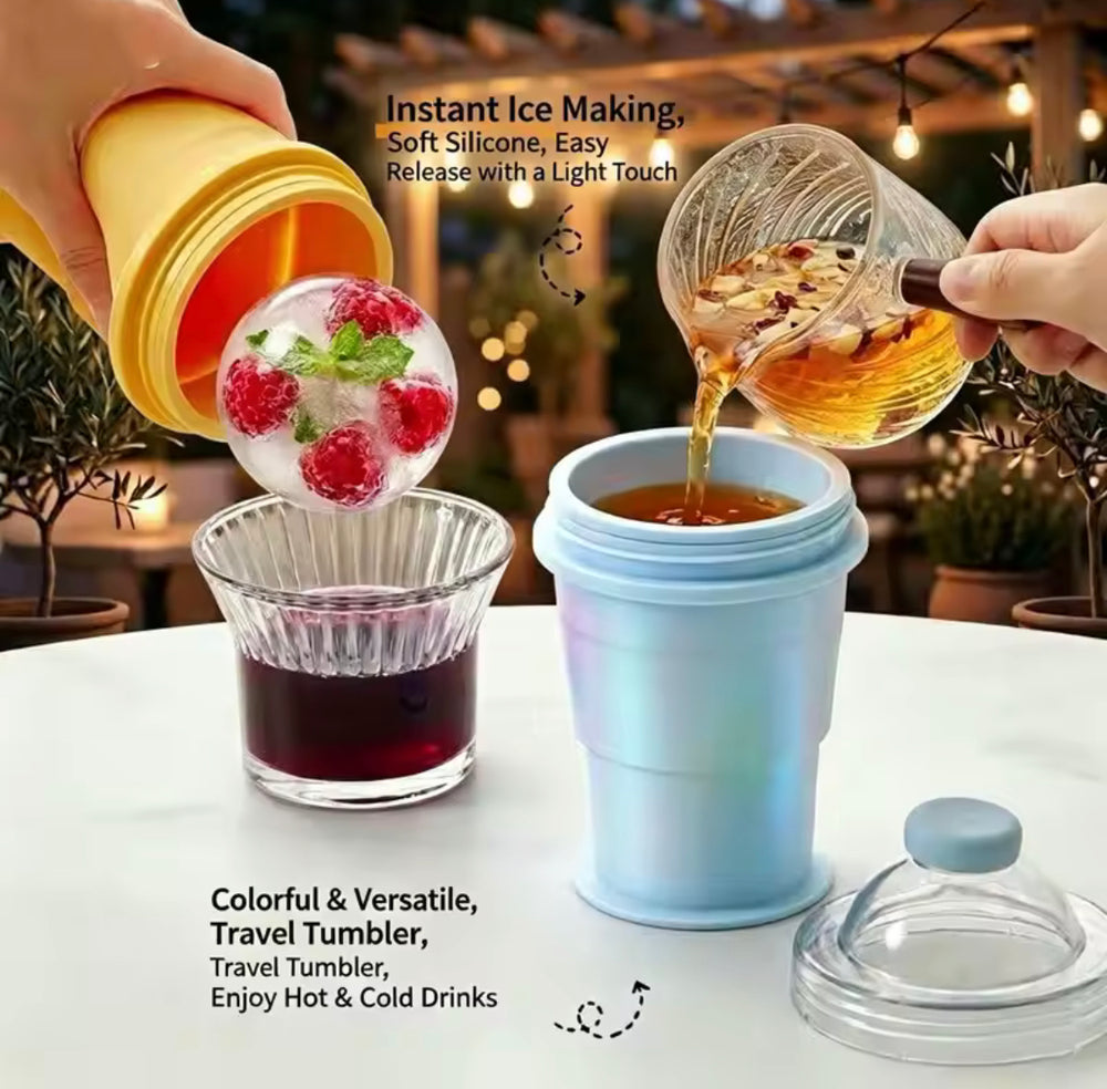2 In 1 Collapsible Silicone Ice Ball Cup, Reusable Portable Ice Sphere Mold with Straw Lid