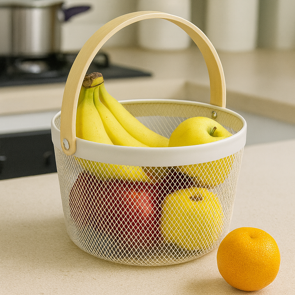 Round Metal Mesh Storage Basket With Wooden Handle