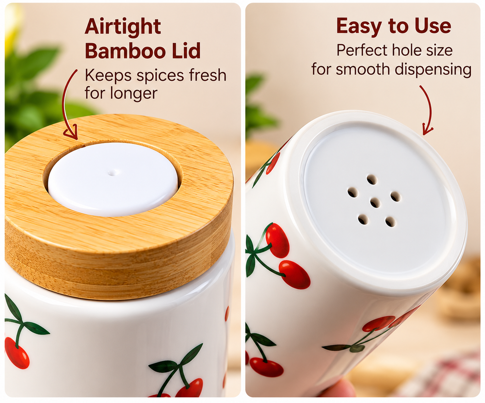 Cherry Print Ceramic Salt & Pepper Shaker Jar Set