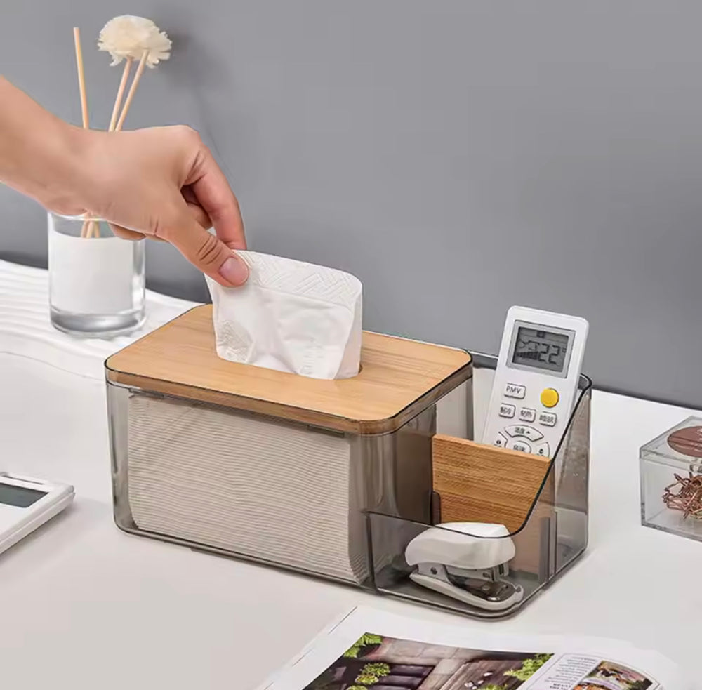 Acrylic Tissue Box Bamboo Lid With Remote Holder