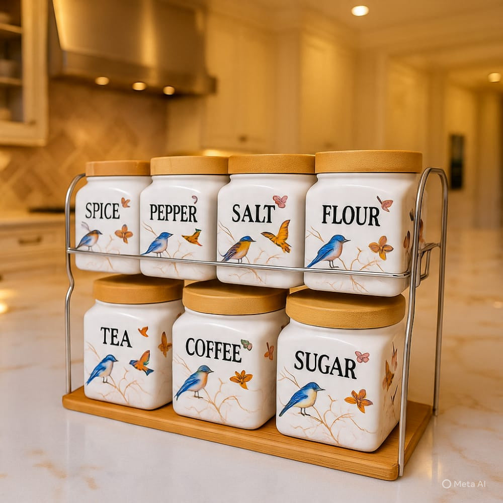 Creative 7Pcs Spice Kitchen Jars Set Wooden Lid