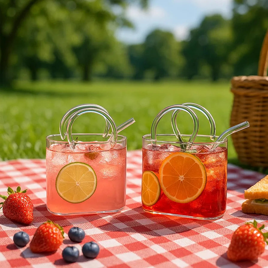 Modern Portable Glass Sipper Bag Mug With Straw