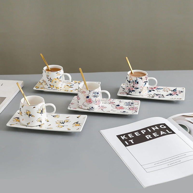 Floral Ceramic Coffee Mug With Tray & Gold Spoon