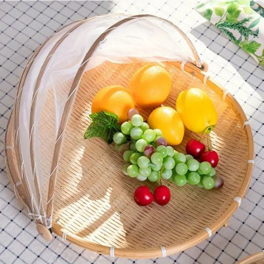 Handcrafted Bamboo Food Basket With Cover - Foldable, Fly & Mosquito Proof Mesh Cover Basket, Perfect for Fruits, Vegetables, Bread Storage
