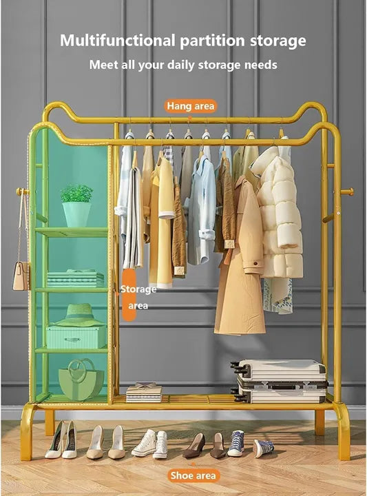 Metal Double Pole Freestanding Clothing Rack With Side and Lower Storage Shelves