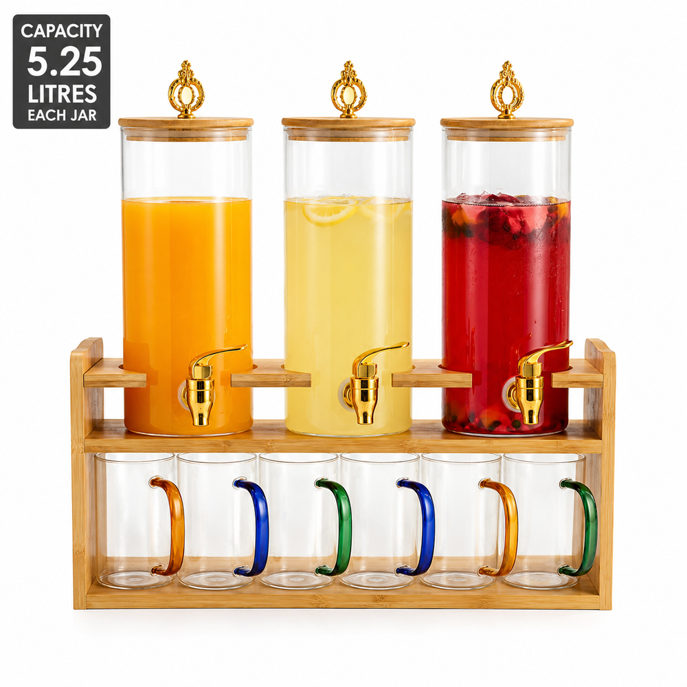 Triple Glass Beverage Dispenser   With Bamboo Stand & 6Pcs Glasses Set