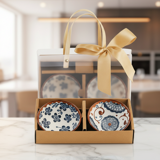 2-Pieces Elegant Japanese Ceramic Bowls Accompanied by a Golden Ribbon Bag
