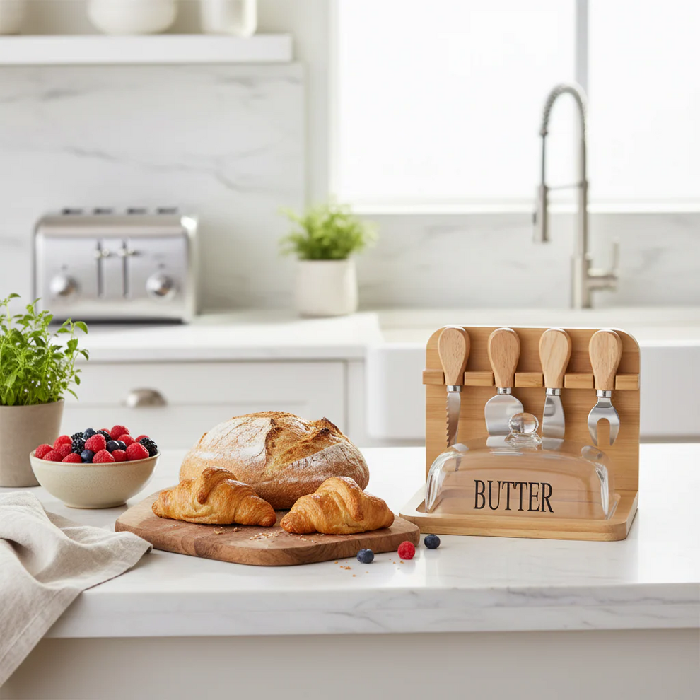 Wooden Butter & Dessert Box Set with Glass Lid & Utensils