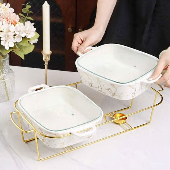 Twin Ceramic Chafing Dish Buffett Set With Gold-tone Frame And Marble finish