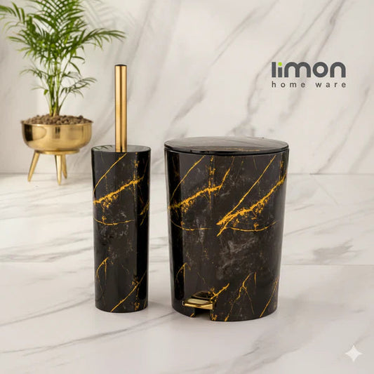 Limon Marble Print Luxury Dustbin Brush Set