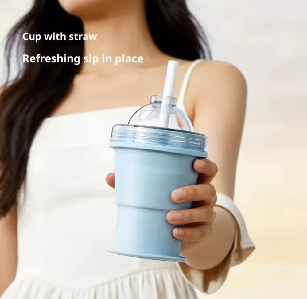 2 In 1 Collapsible Silicone Ice Ball Cup, Reusable Portable Ice Sphere Mold with Straw Lid