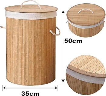 Round Foldable Natural Bamboo Laundry Basket With Lid
